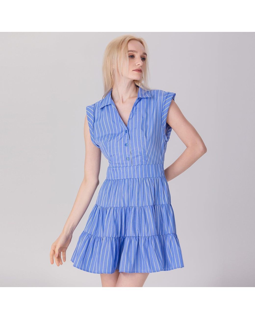 Smart and Joy Blue Striped Tiered Panels Mini Shirt Dress