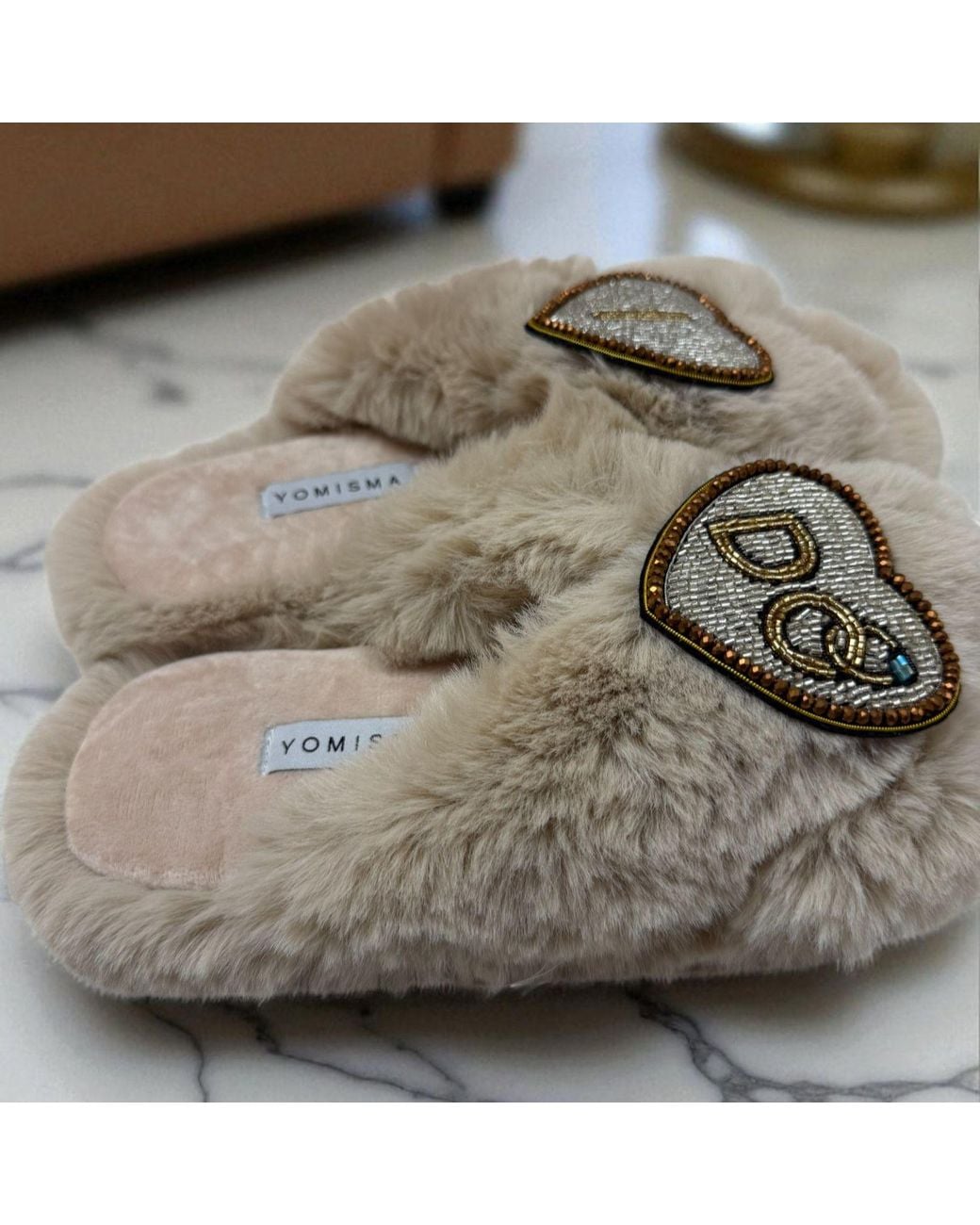 Yomisma Gray Neutrals Eco Faux Fur Slippers – Recycled Faux Fur + I Do Wedding Removable Hand Beaded Brooches