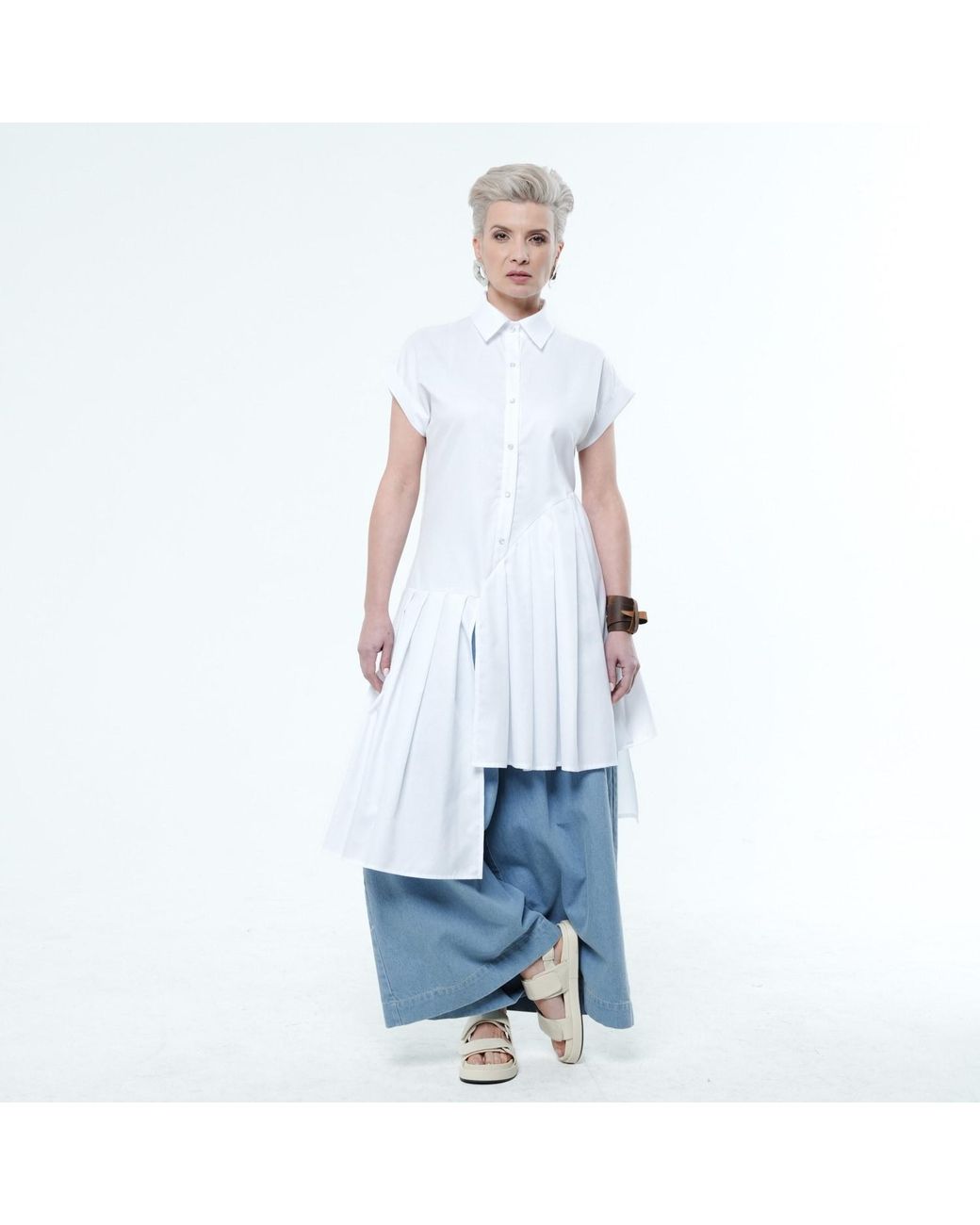Metamorph Blue Pleated Long Tunic Shirt