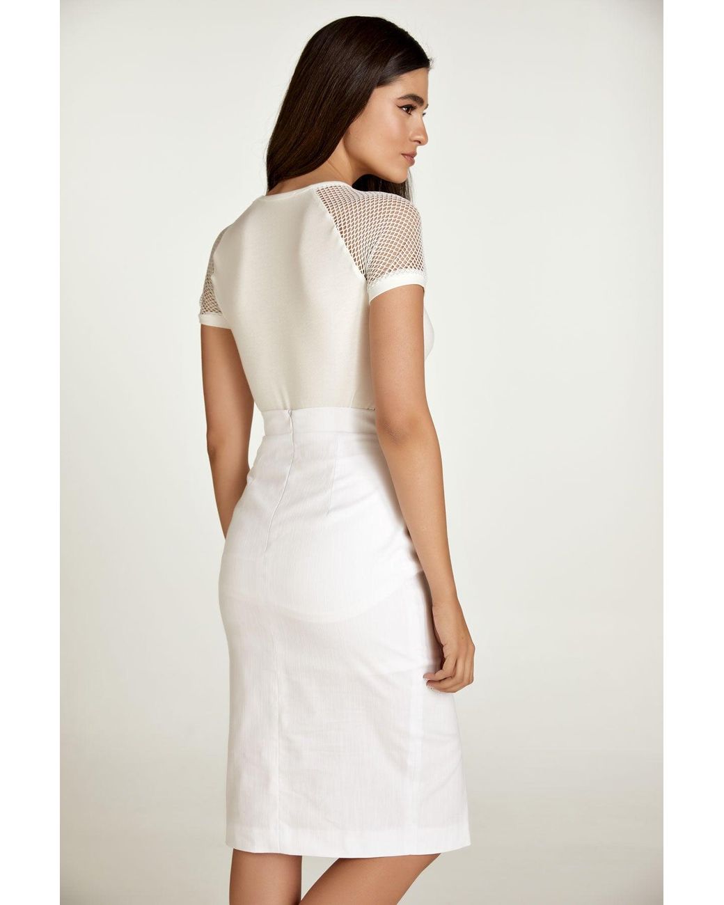 Conquista White Neutrals Ecru Top With Short Net Sleeves