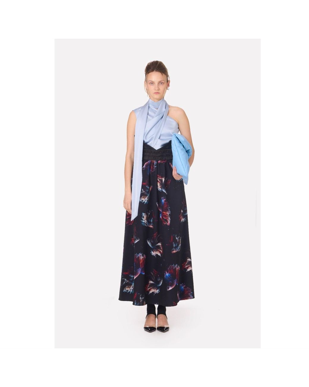 Julia Allert Blue Asymmetrical Satin Top With Choker Collar Light