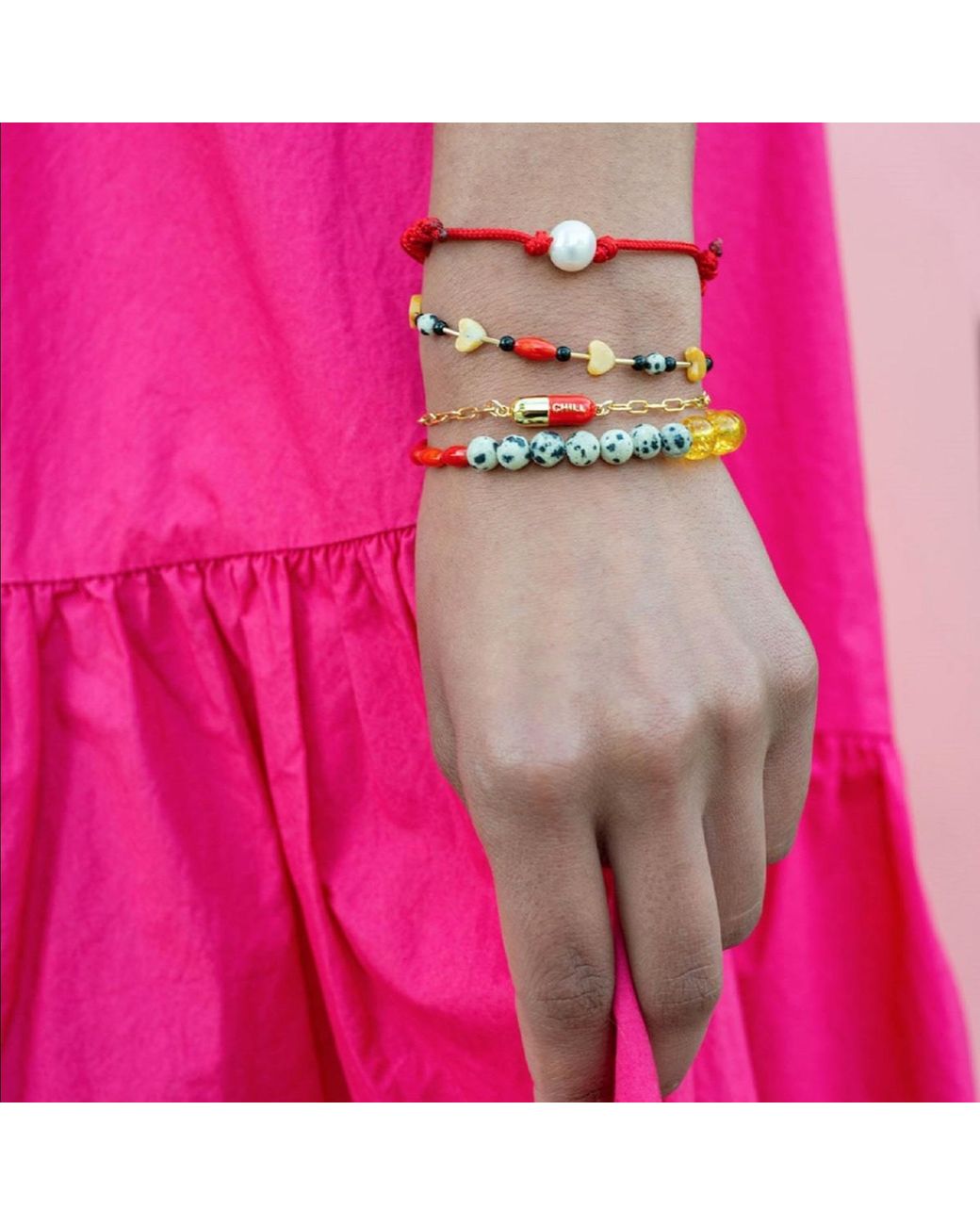Kris Nations Pink Chill Pill Enamel Bracelet Gold Filled & Red Coral Enamel