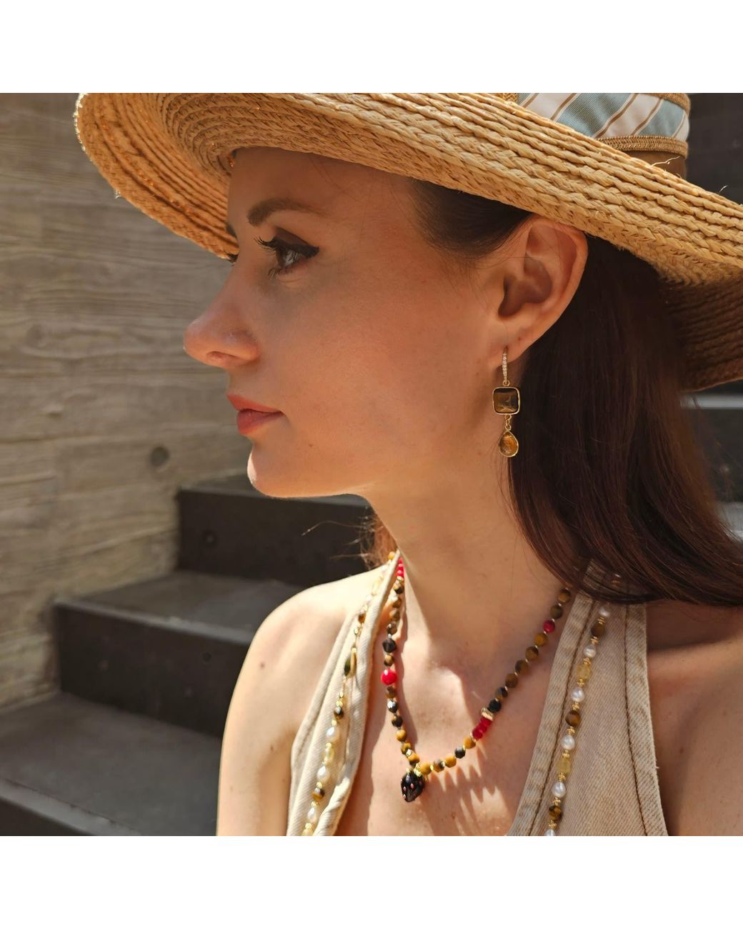 Farra Metallic Tiger Eye With Citrine Dangle Comfort Earrings