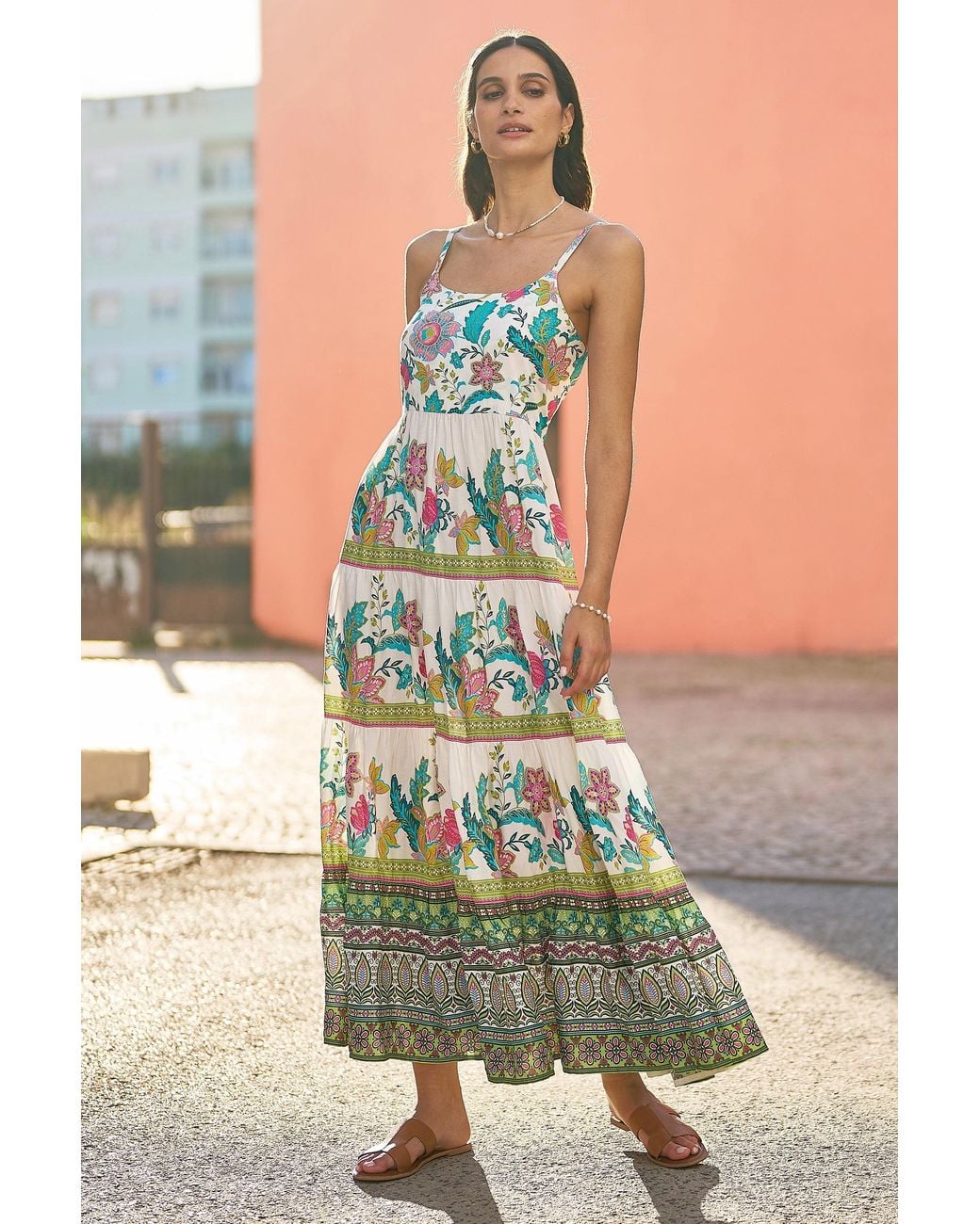 Yumi' Green Floral Block Print Tiered Maxi Sun Dress
