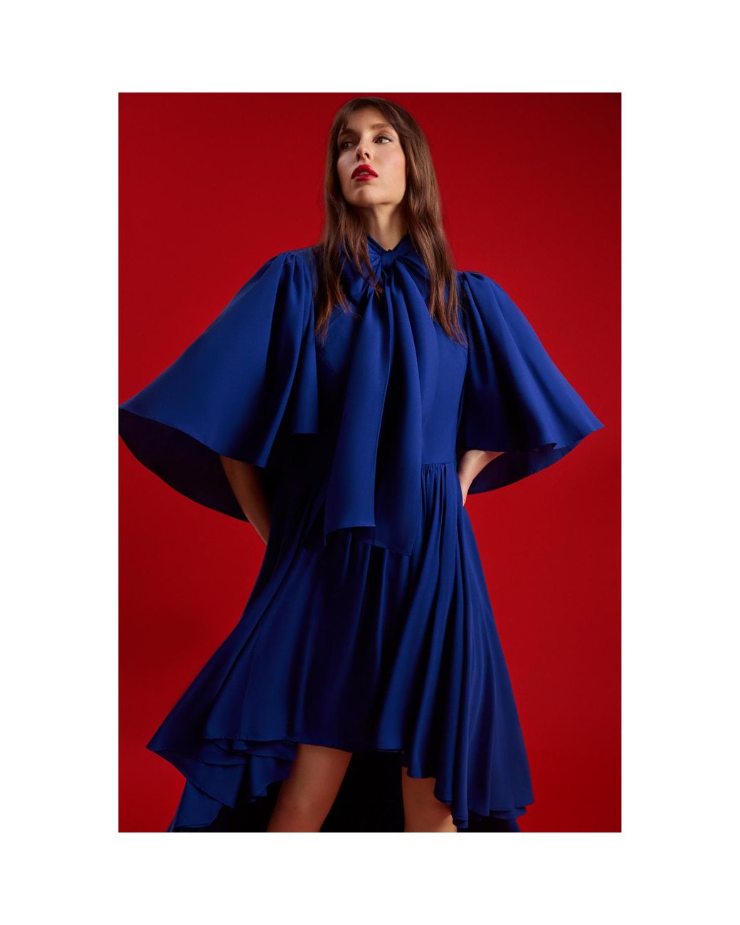 Femponiq Blue 'Bow Tie Neck Cape Sleeve Maxi Dress