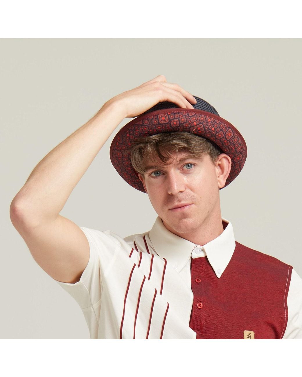 Dasmarca Hats Red Dasmarca Tommy Ash Summer Straw Porkpie Hat With Vintage Geometric Prints for men
