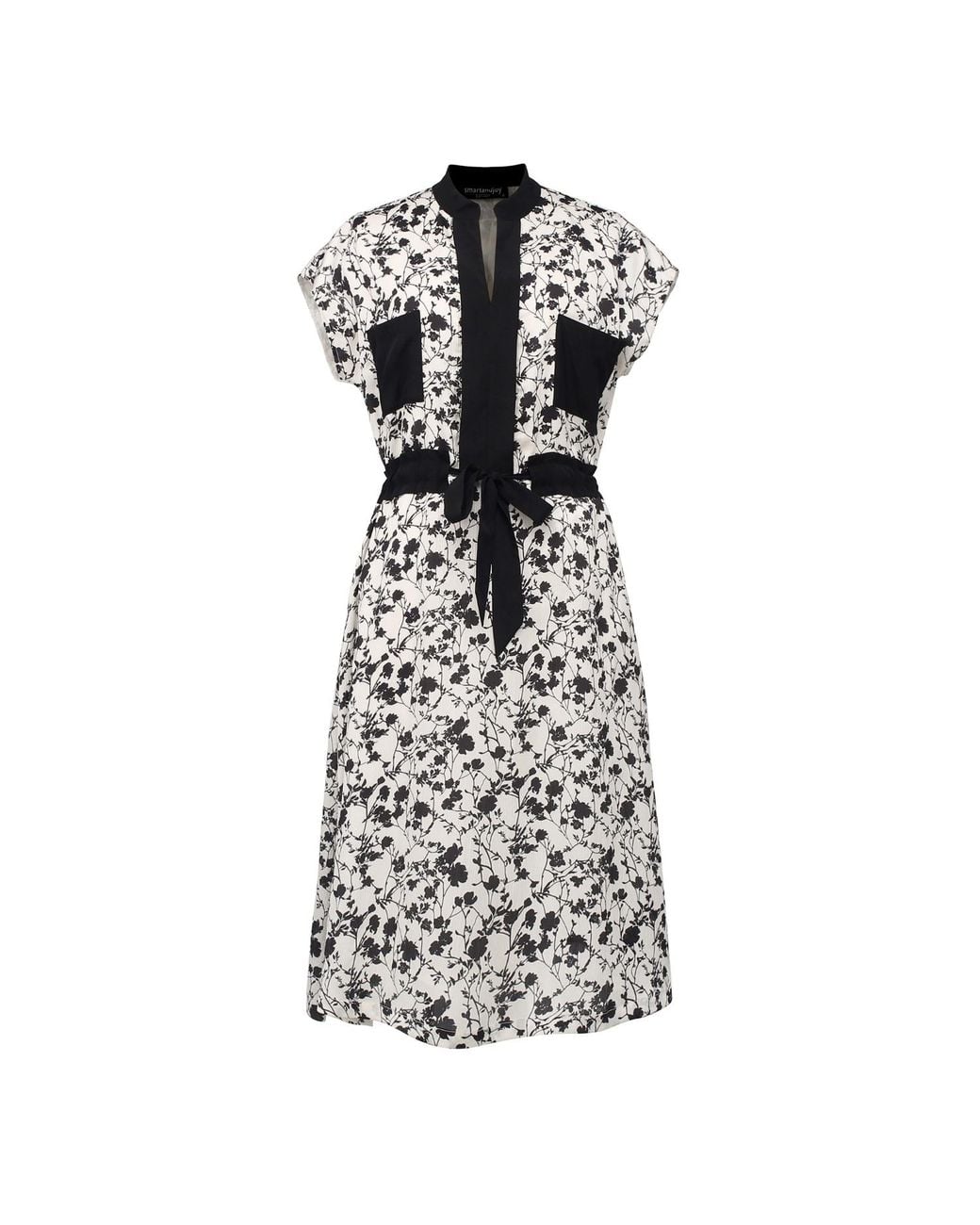 Smart and Joy Black Bi-Material Dress With Monochrome Floral Print And Drawstring Belt