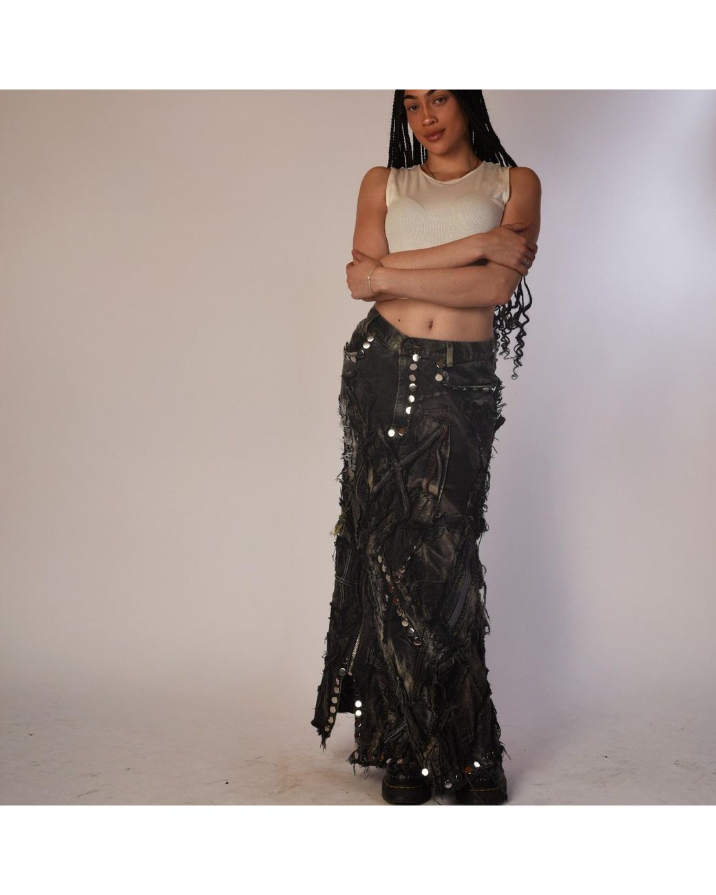 Zasta Studio Green Shred Couture Carbon Clash Studded Denim Skirt A