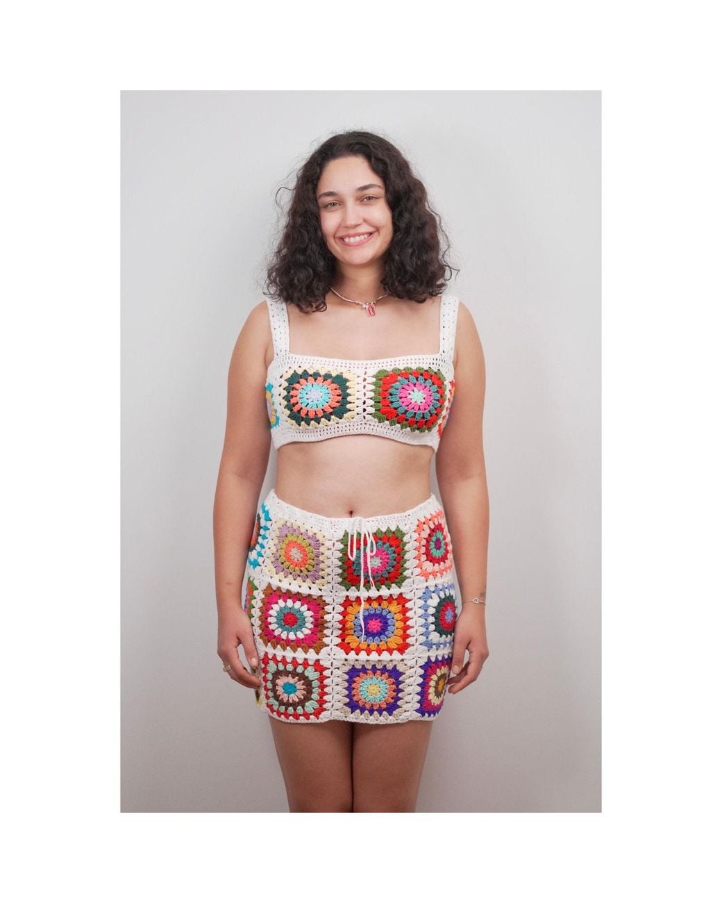 Ana Chic Blue Sunburst Granny Square Handmade Crochet Crop Top