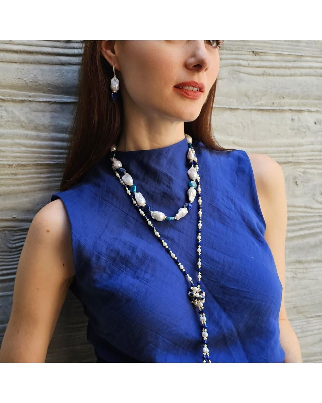 Farra Metallic Pearls And Lapis Versatile Long Necklace