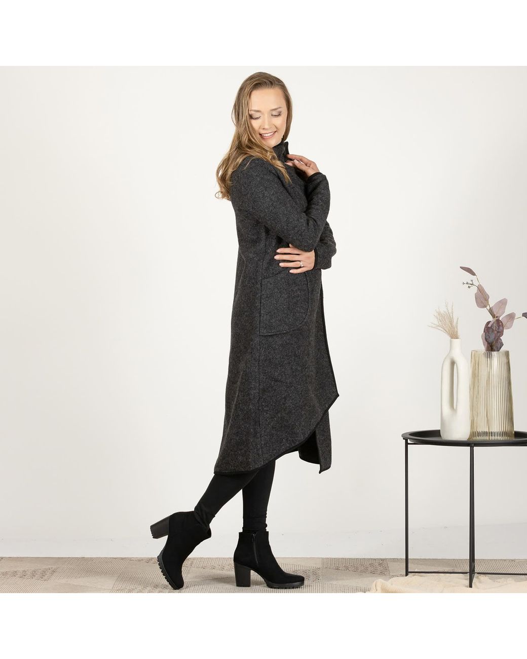 Nikka Place Black Asymmetrical Boiled Wool Cardigan With Buttons And High Neck