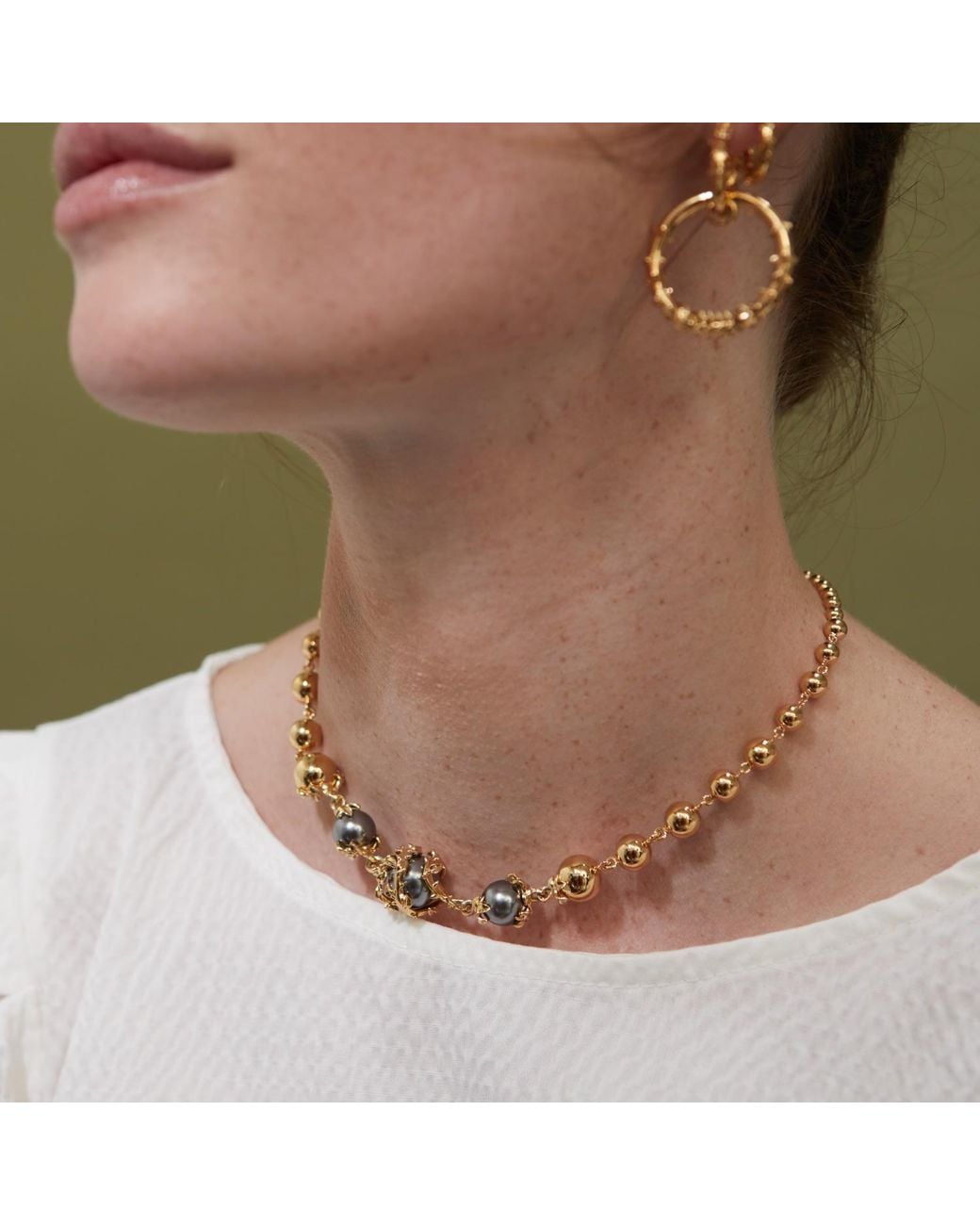 Kasun Metallic Orb & Three Pearls Full Necklace
