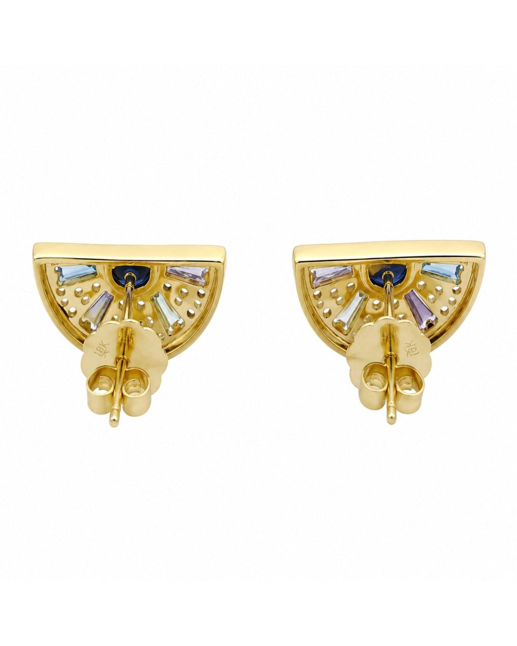 Artisan Metallic 18k Yellow Gold Pave Diamond Baguette Sapphire Aquamarine Topaz Stud Earrings Jewelry