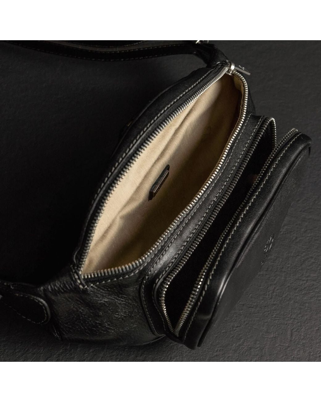 Time Resistance Black Leather Sling Bag Belly Bag for men