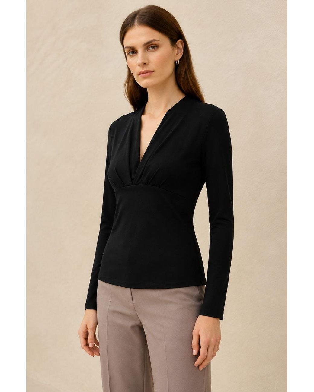 Conquista Black Pleated Surplice Long Sleeve Top