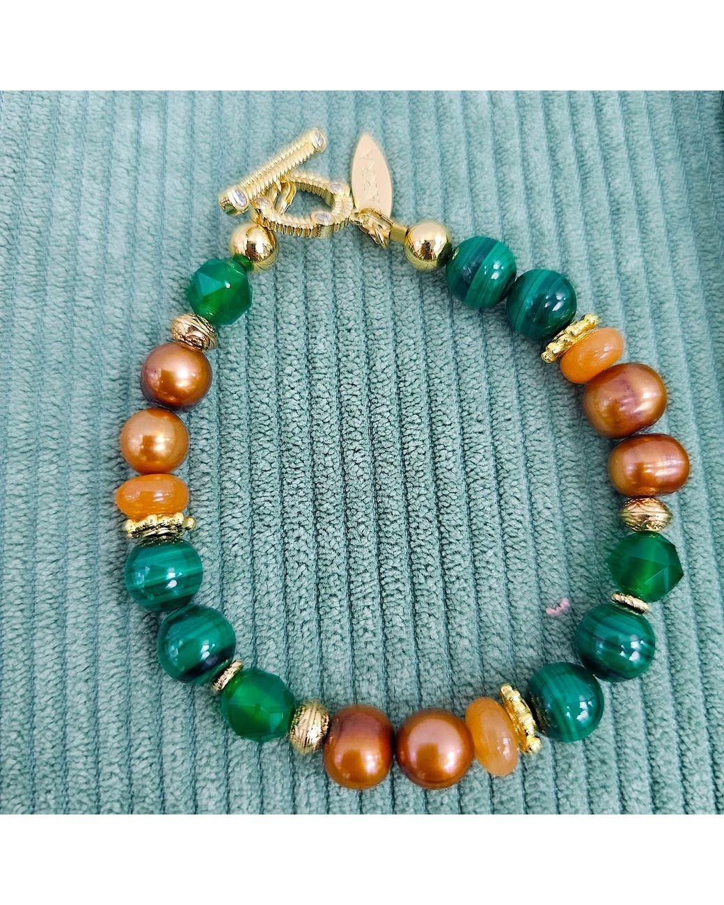 Farra Green Vintage Style Malachite With Freshwater Pearl And Gemstone Bracelet