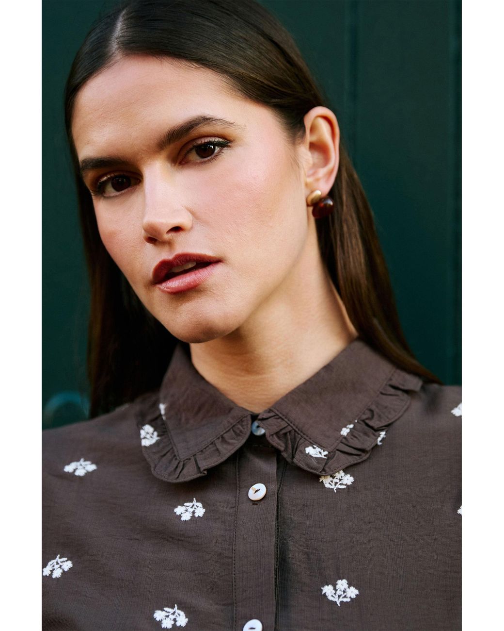 Yumi' Brown Viscose Daisy Embroidered Shirt