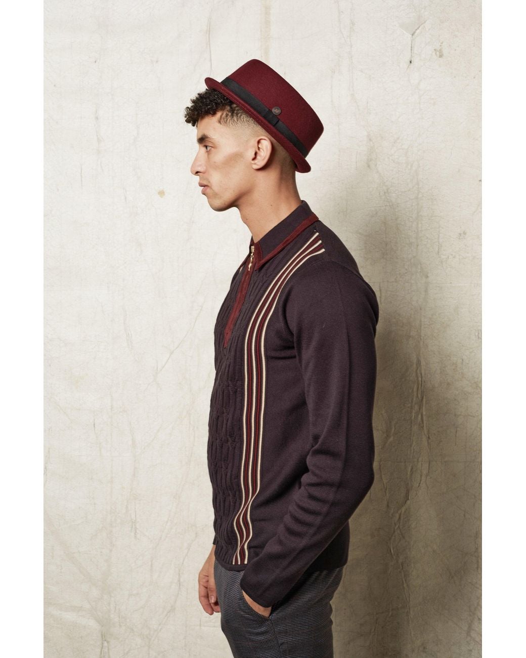 Dasmarca Hats Red Jack Vino Burgundy Felt Skimpy Brim Short Brim Rude Boy Mod Style Porkpie Hat for men