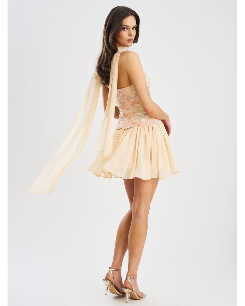Miss Circle New York Natural Quanisha Beaded Floral Mini Chiffon Dress With Scarf