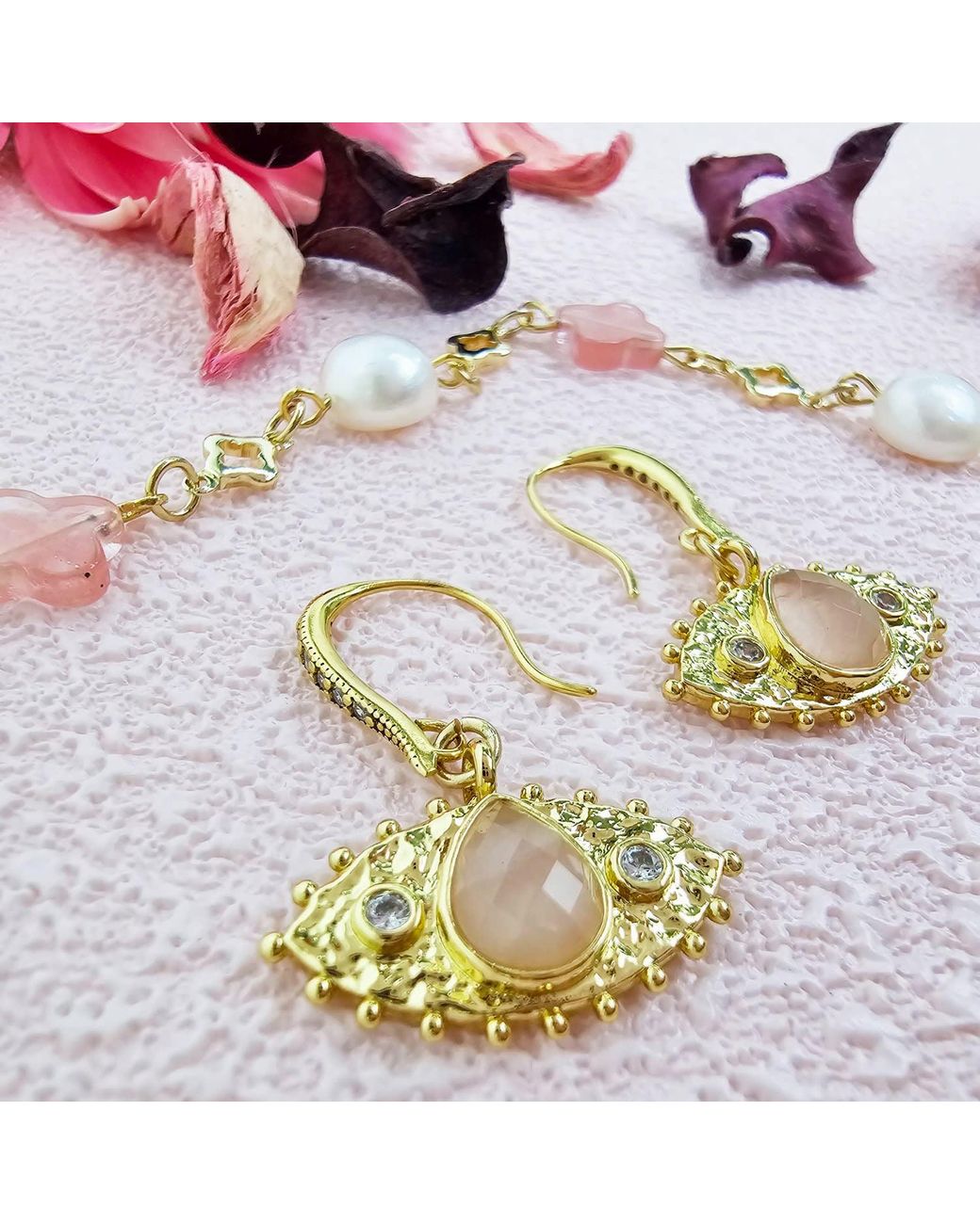 Farra Metallic Evil Eye Adorned Rose Quartz Stone Earrings