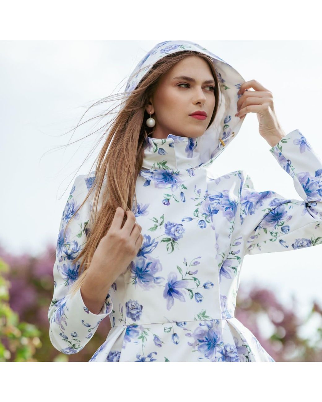 RainSisters Blue Jacket With Detachable Hood And Flower Print Whisper