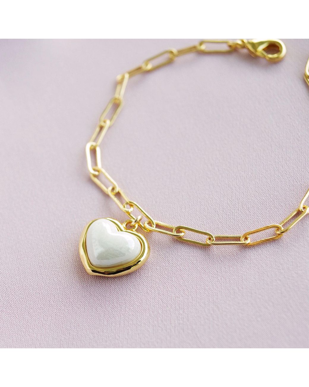 POPORCELAIN Metallic Porcelain Pearly Heart Charm Bracelet