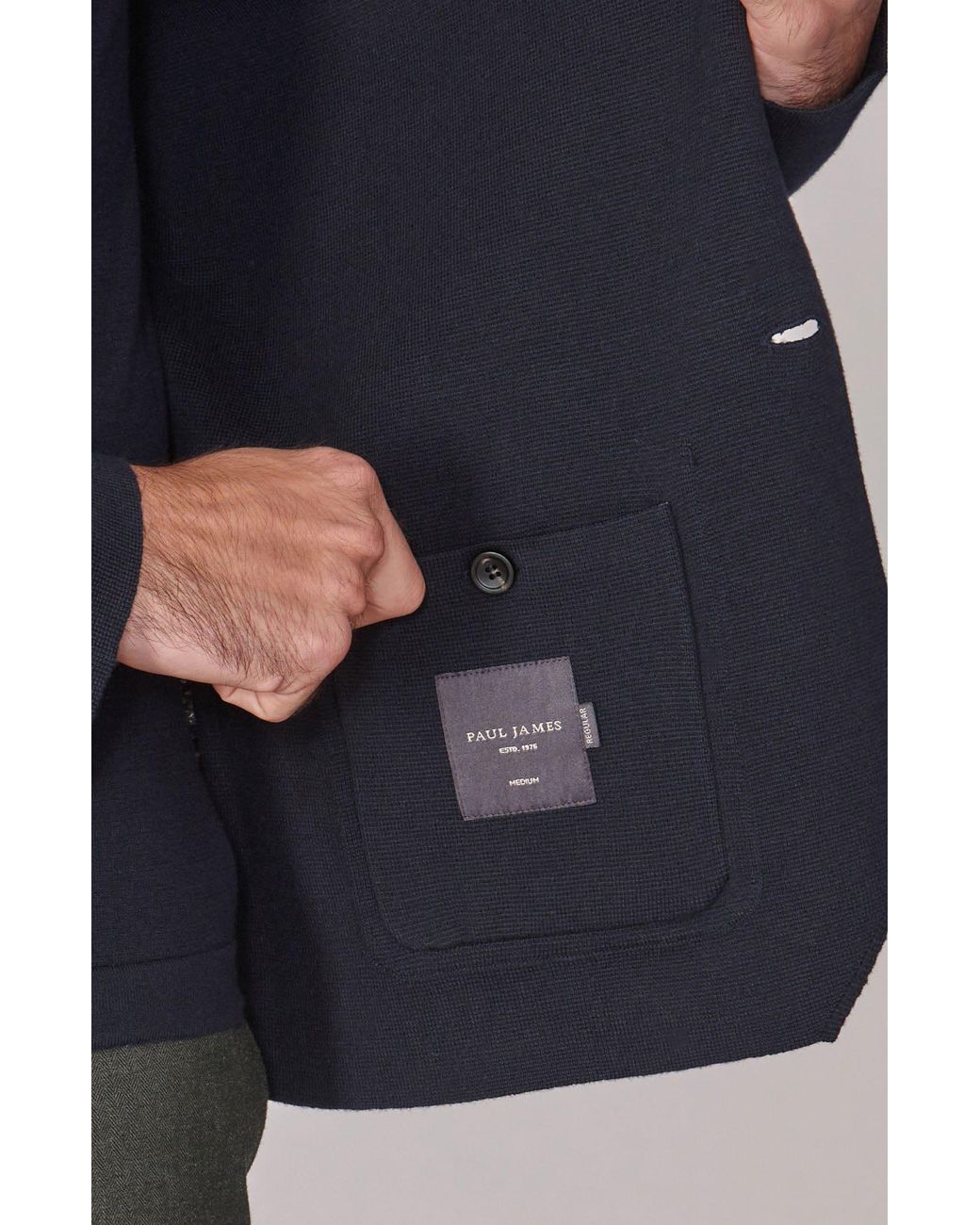 Paul James Knitwear Blue Lightweight Cotton Cornelius Formal Knitted Blazer for men