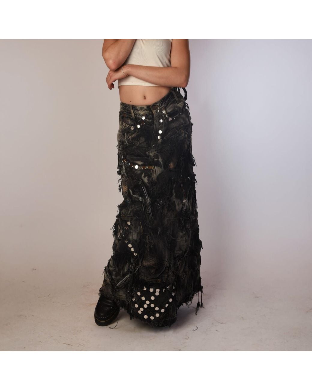 Zasta Studio Gray Shred Couture Carbon Clash Studded Denim Skirt