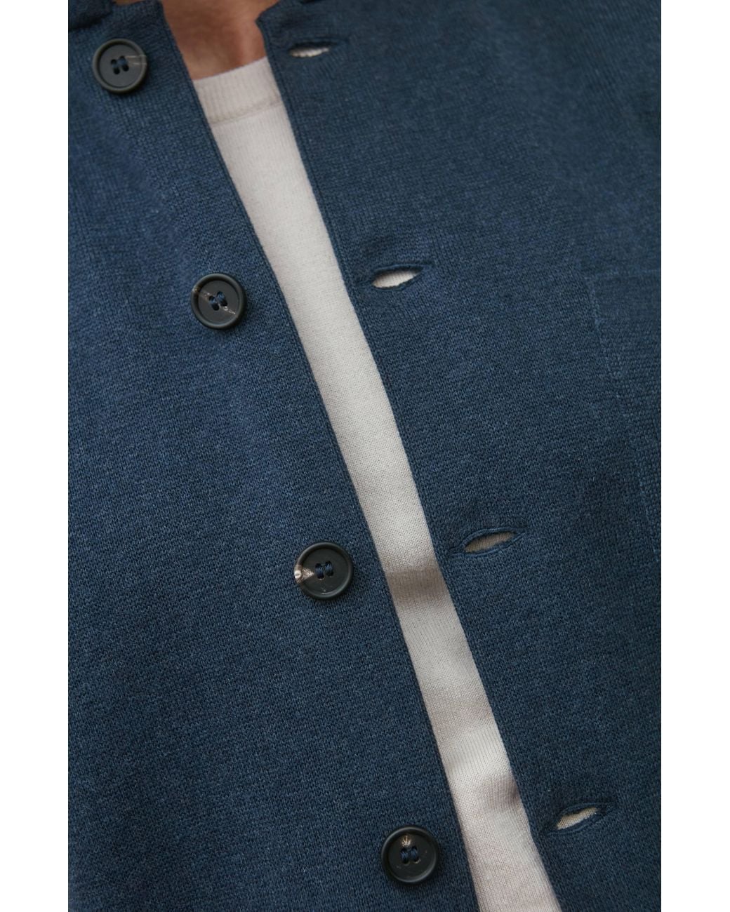 Paul James Knitwear Blue Midweight Cotton Cochin Knitted Nehru Waistcoat for men