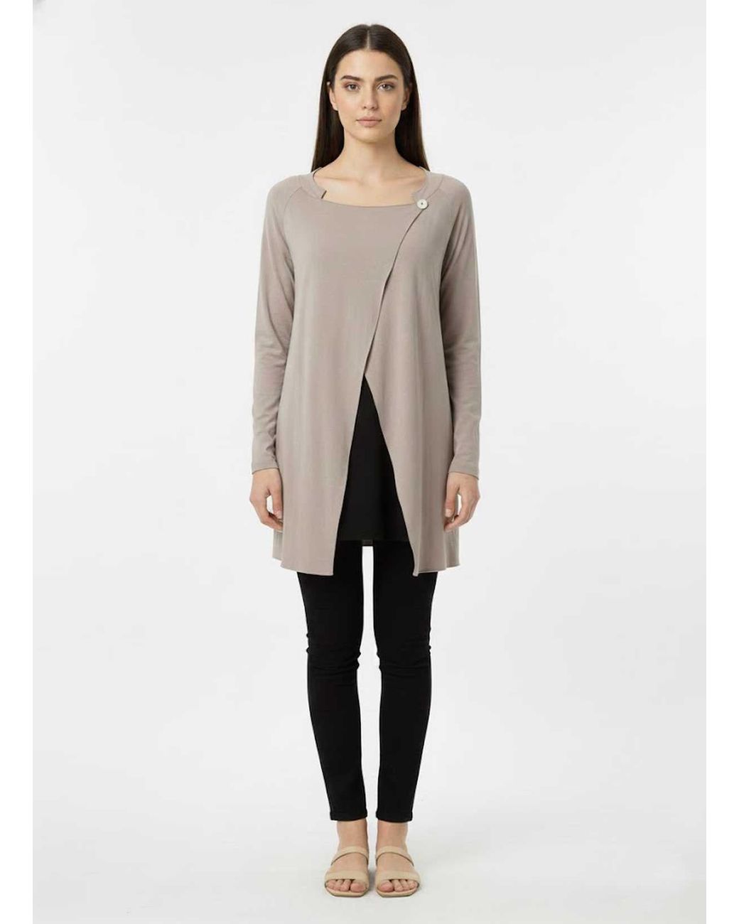 Conquista Gray Asymmetric Longline Top With Modern Single-Button Detail