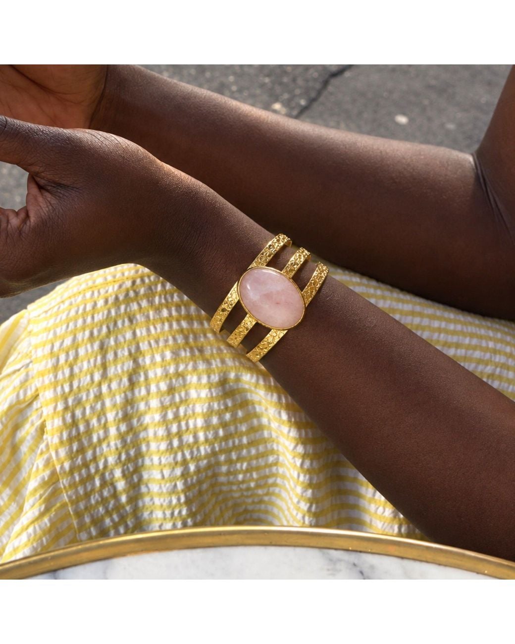 Saéa Yellow Blush Rose Quartz Hammered Triple Band Cuff Bracelet