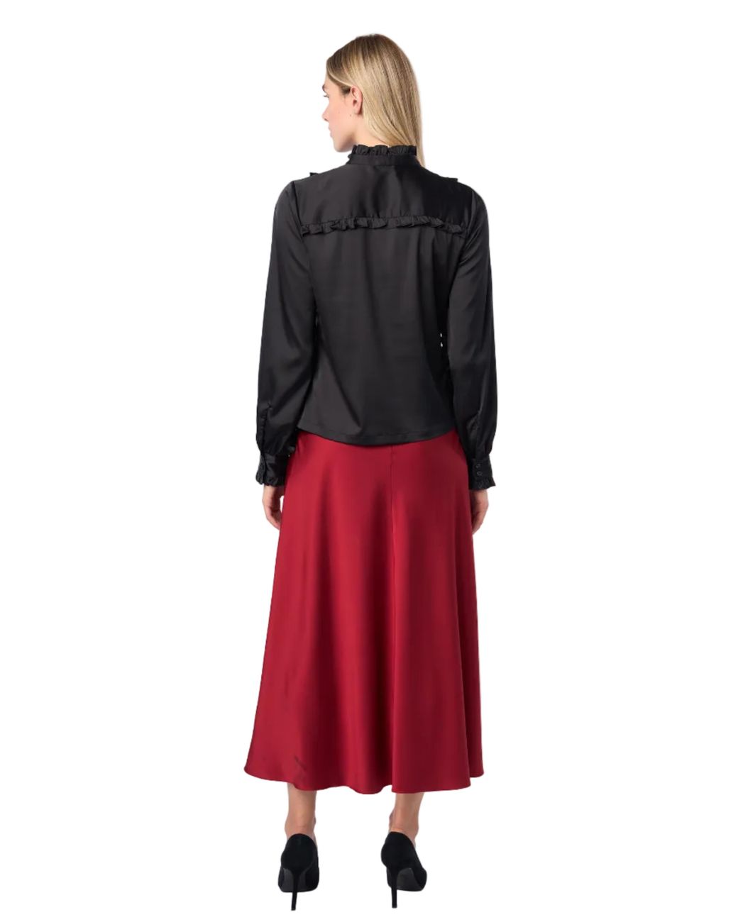Carloslines Black Ruffle Stand Collar Long Sleeve Shirt