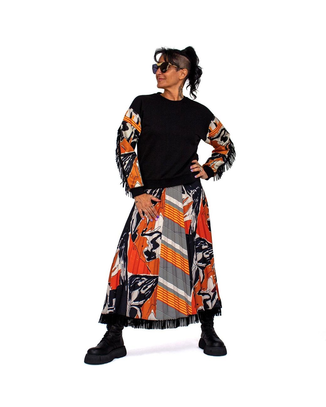 Lalipop Design Black Sweatshirt With Printed Sleeves & Suede Fringe Details