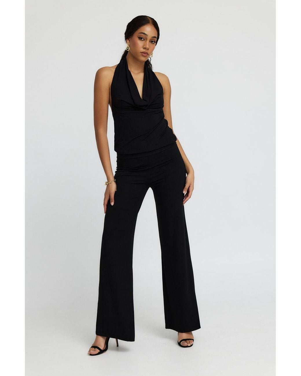 Why Mary Black Diana Cowl Halter Neck Jumpsuit
