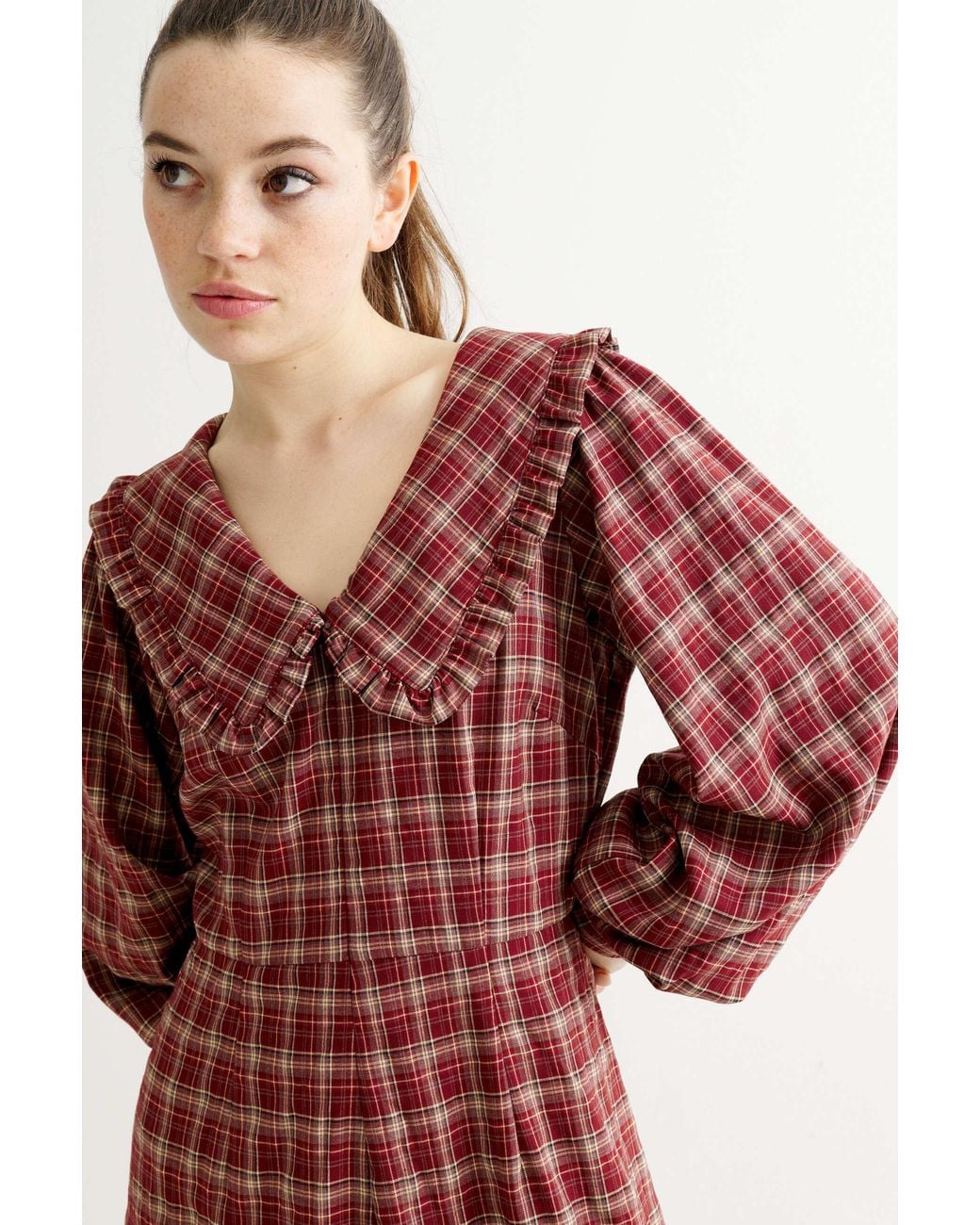 Louche Red Alva Shadow Check Long Sleeve Midi Dress