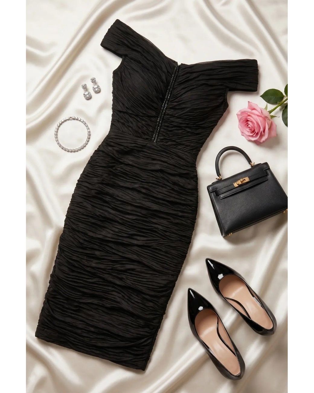 Luna Fashion House Black Ruched Off-Shoulder Midi Dress, Lina