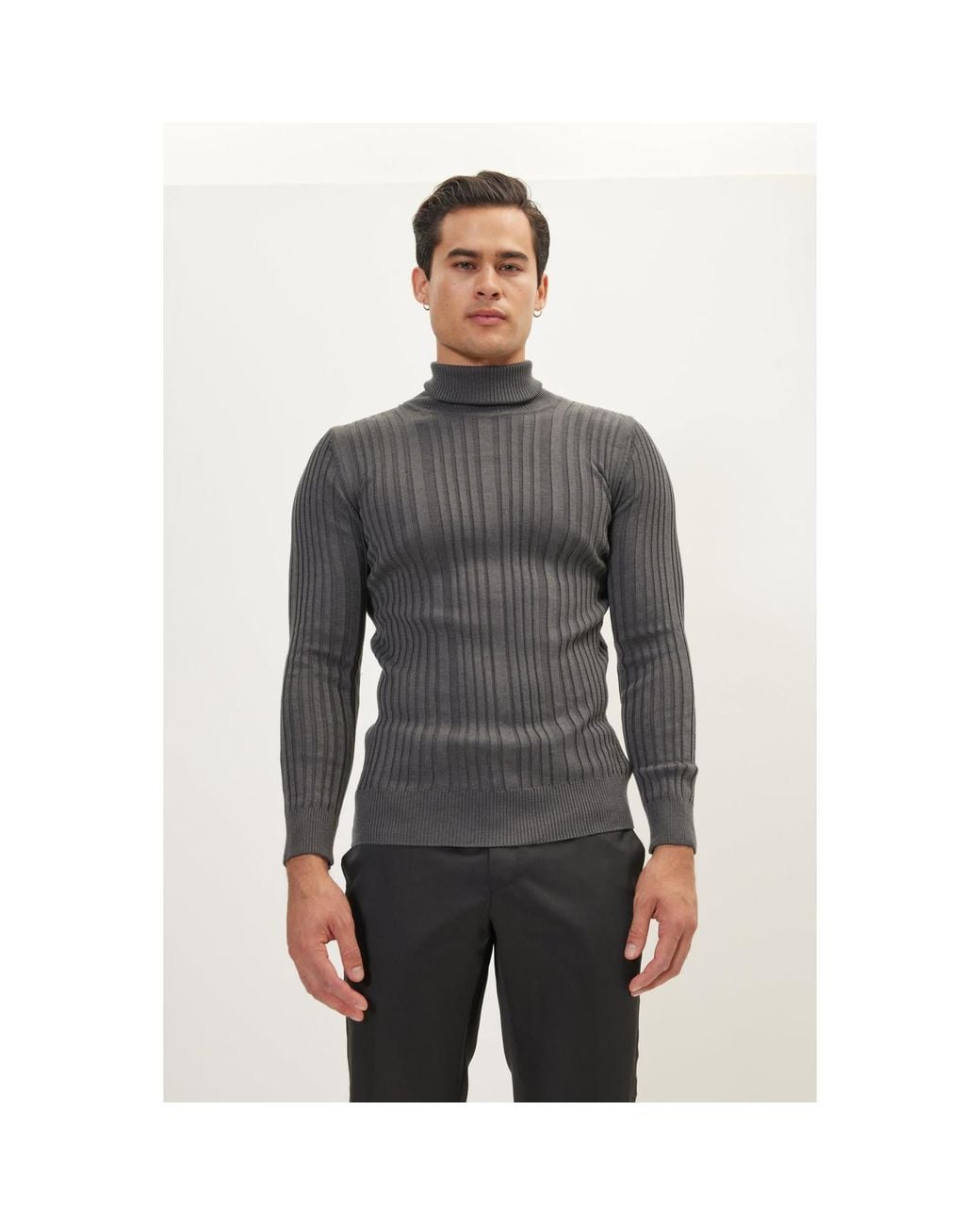 Ron Tomson Gray Roll Neck Ribbed Sweater for men
