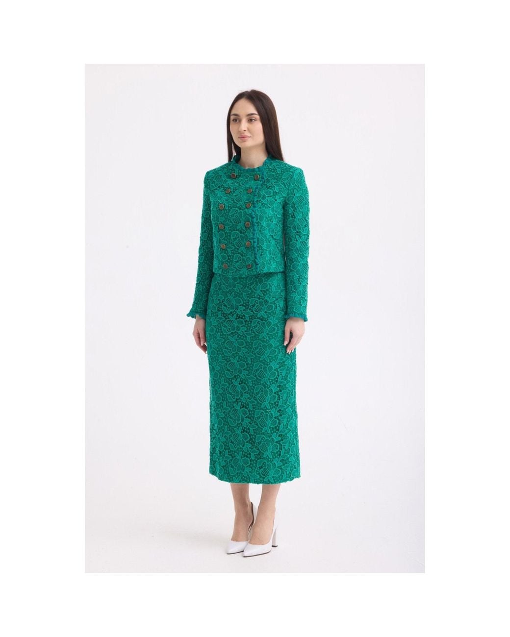 Georgette Green Emerald Lace Cropped Jacket & Midi Skirt Set
