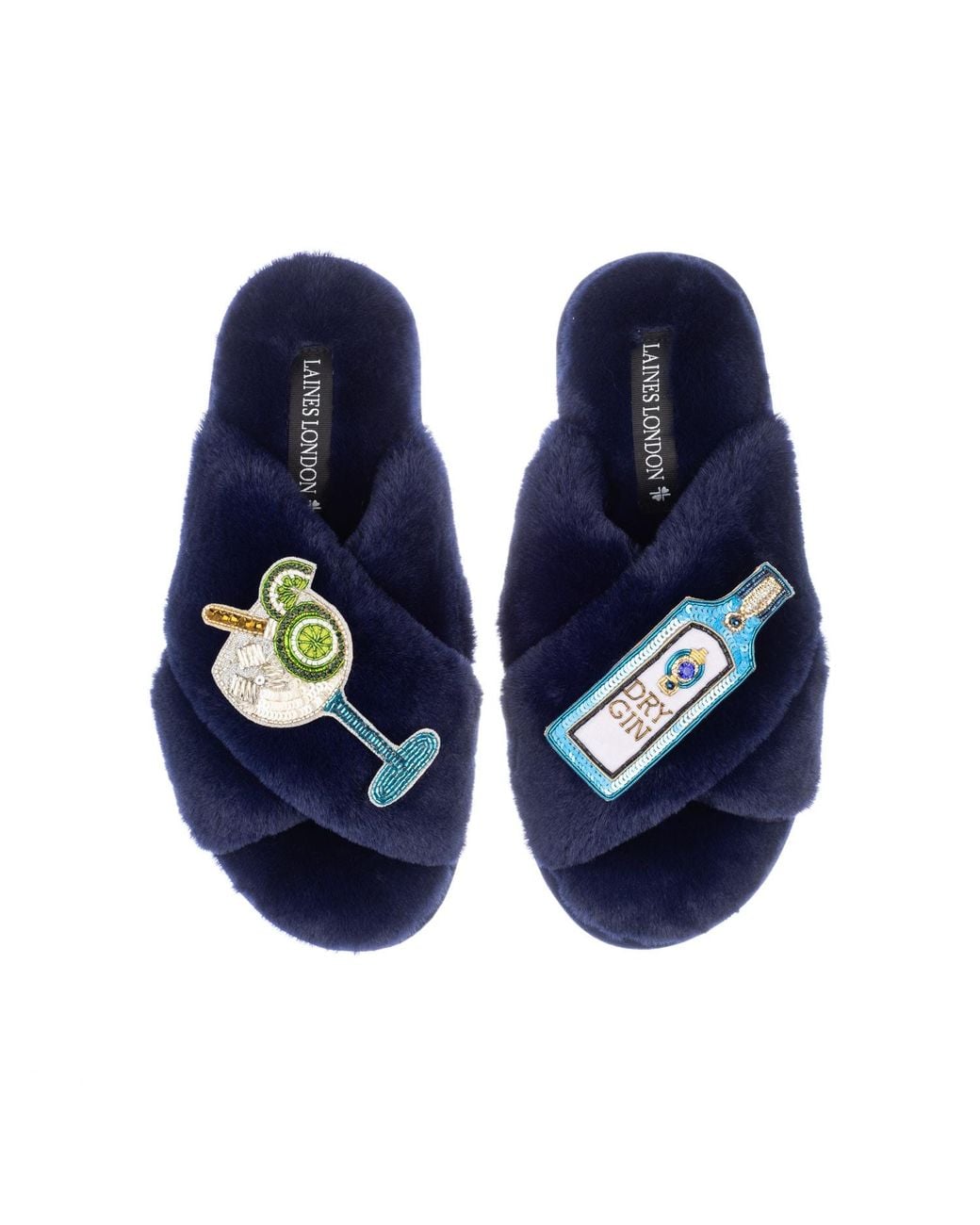 Laines London Blue Classic Laines Slippers With Sapphire Gin & Glass Brooches