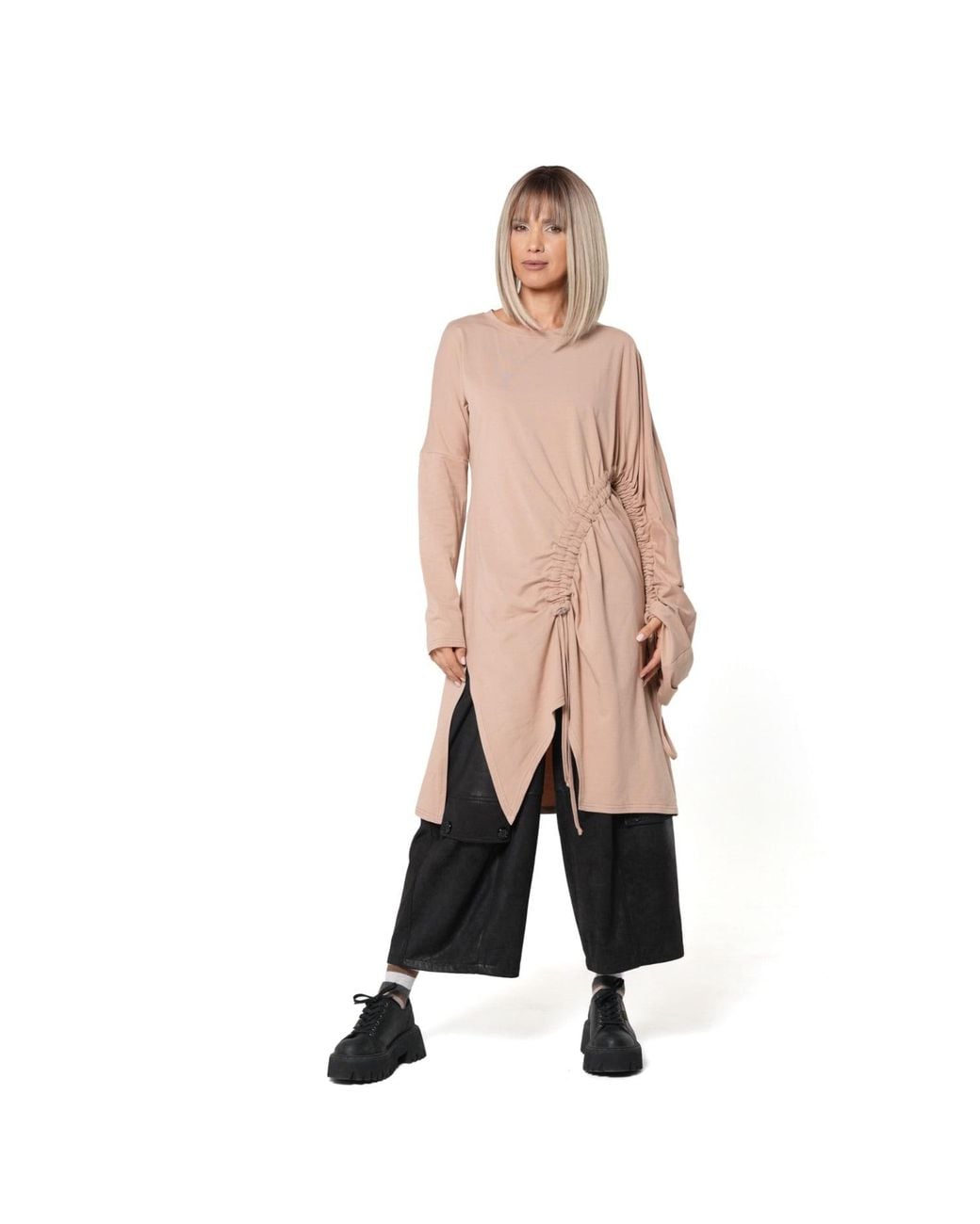 Metamorph Pink Neutrals Asymmetric Cotton Tunic With Adjustable Drawstring Details