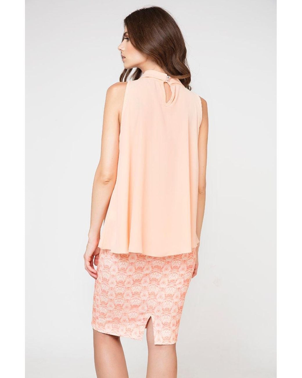 Conquista Pink Chic Apricot Draped Neckline Sleeveless Blouse