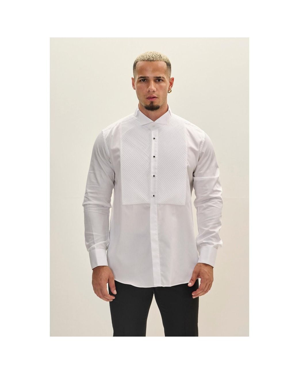 Ron Tomson Blue Diagonal Pleated Wing Tip Collar Shirt for men