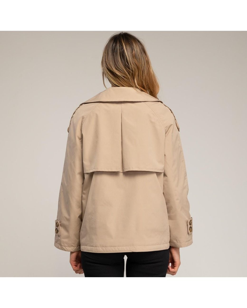 Tantra Spain Sl Natural Neutrals Short Quilted Trench Coat With Double-Breasted Buttons, Side Pockets, And Flared Back