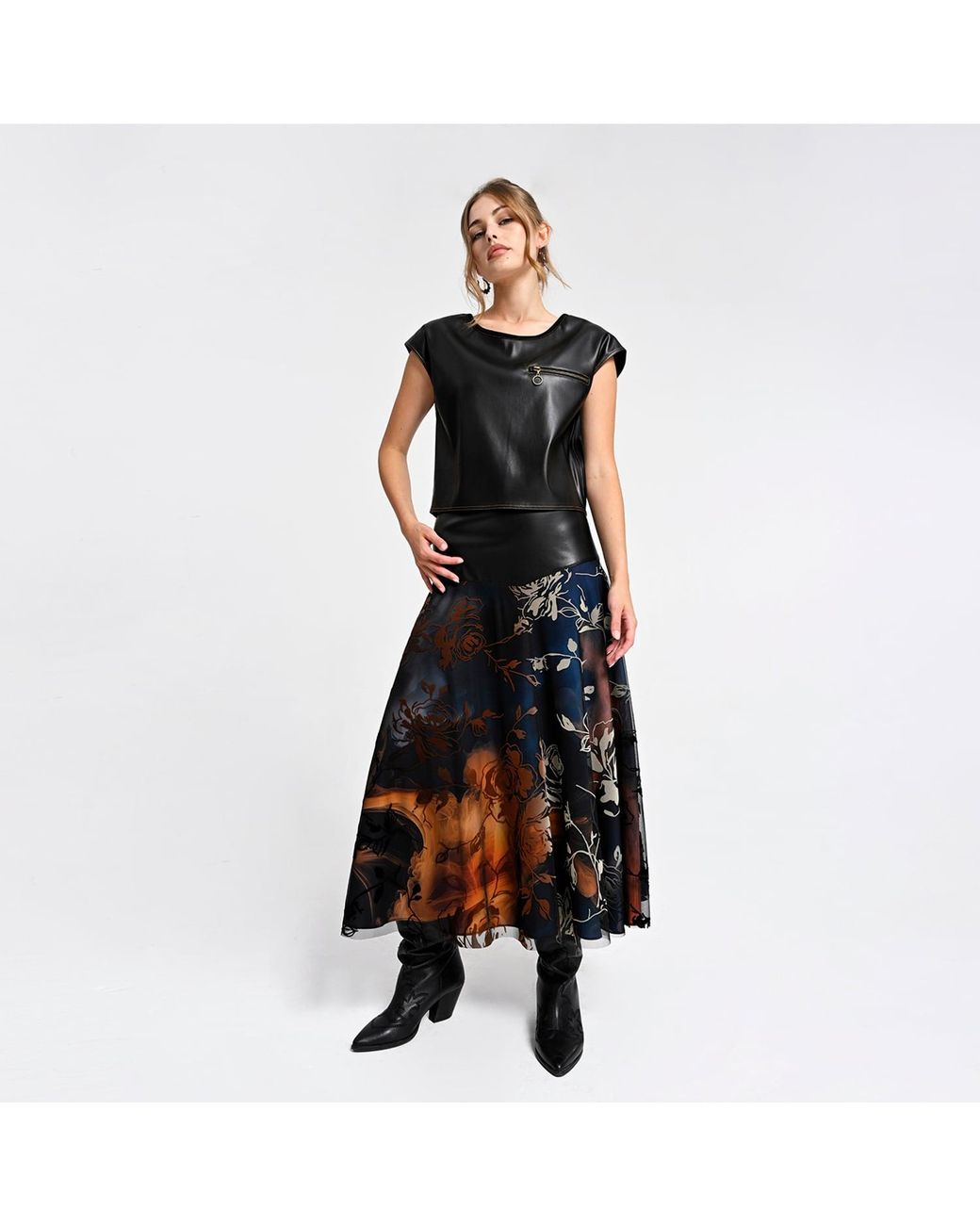 Lalipop Design Black Sleeveless Blouse With Vegan Leather Finish & Zipper Detail