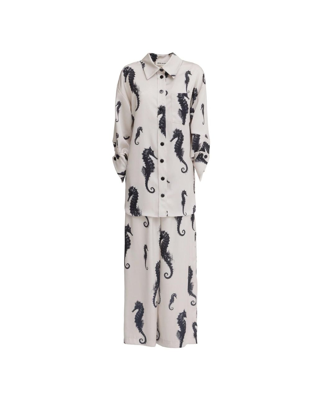 Julia Allert Gray Seahorse Print Oversized Shirt & Paperbag Palazzo Set – Ivory