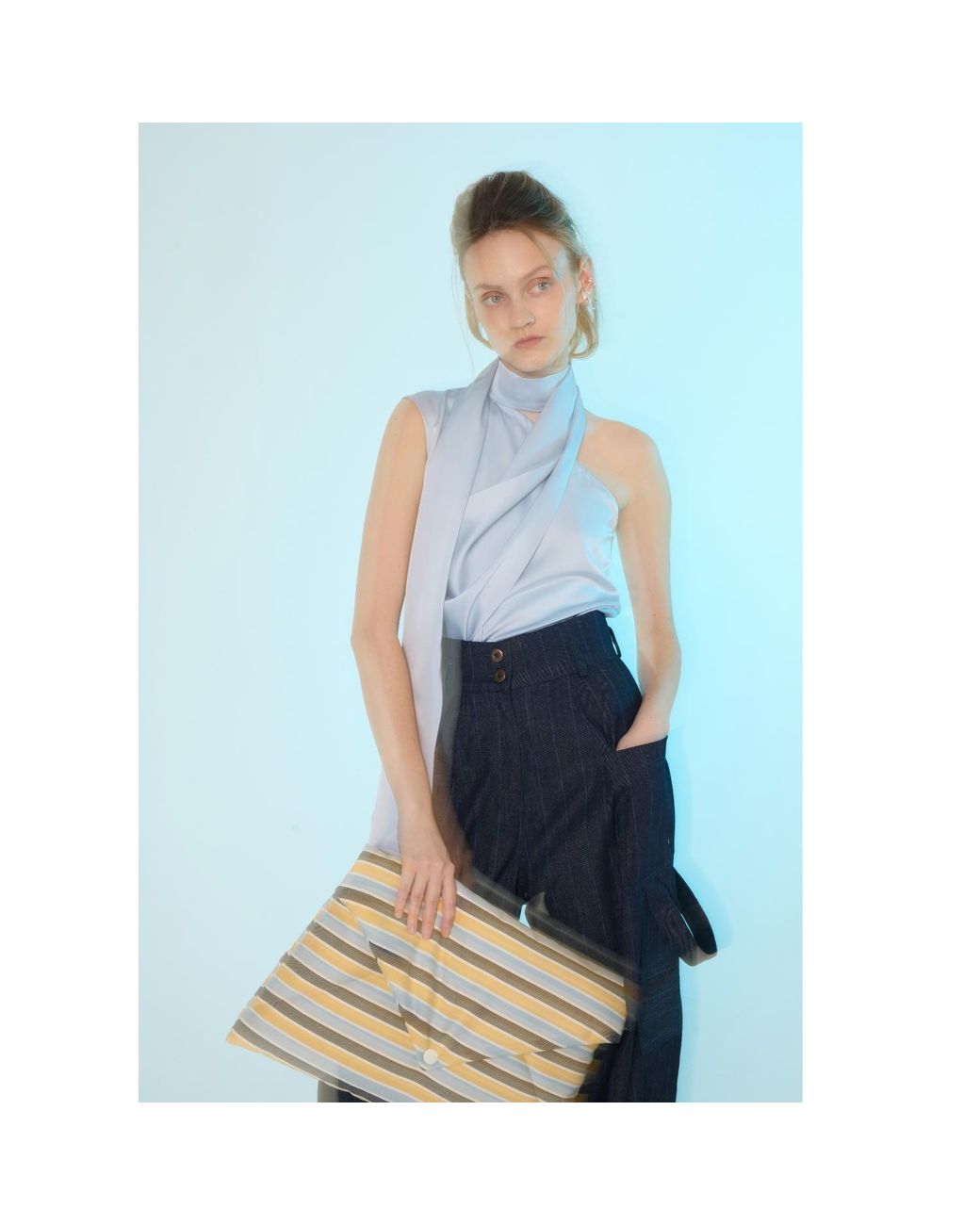 Julia Allert Blue Asymmetrical Satin Top With Choker Collar Light