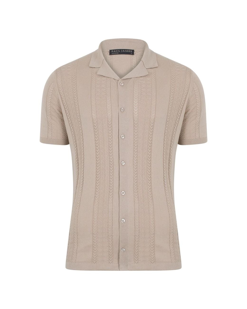 Paul James Knitwear Natural Neutrals Ultra Fine Cotton Santiago Open Knit Cuban Collar Shirt for men