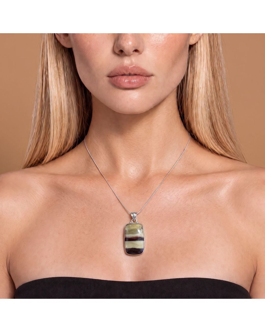 Saéa Metallic Cream And Oxblood Mookaite Rectangle Pendant Necklace On Leather Cord