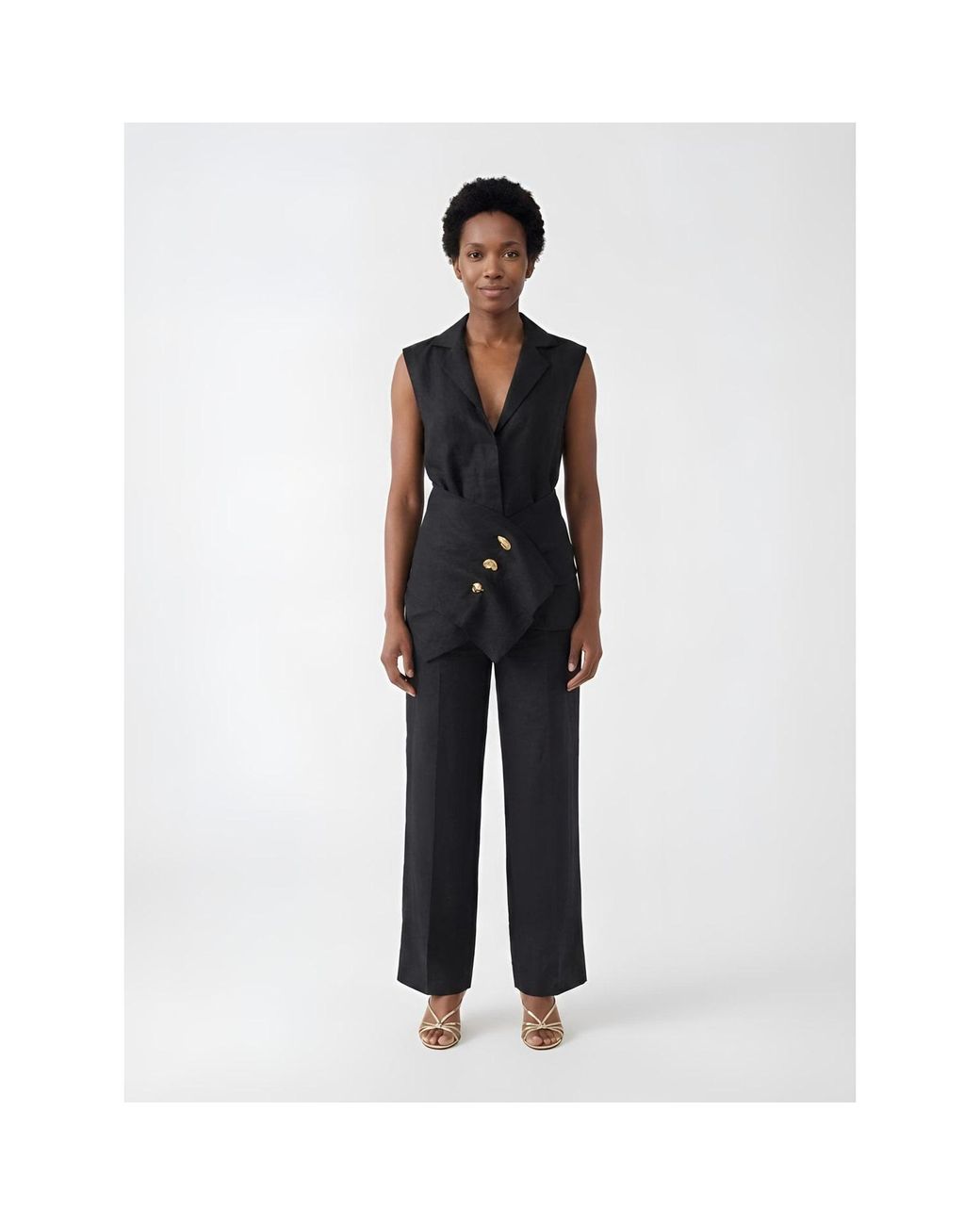 Women & Women Black Linen Vest Shirt With Decorative Belt