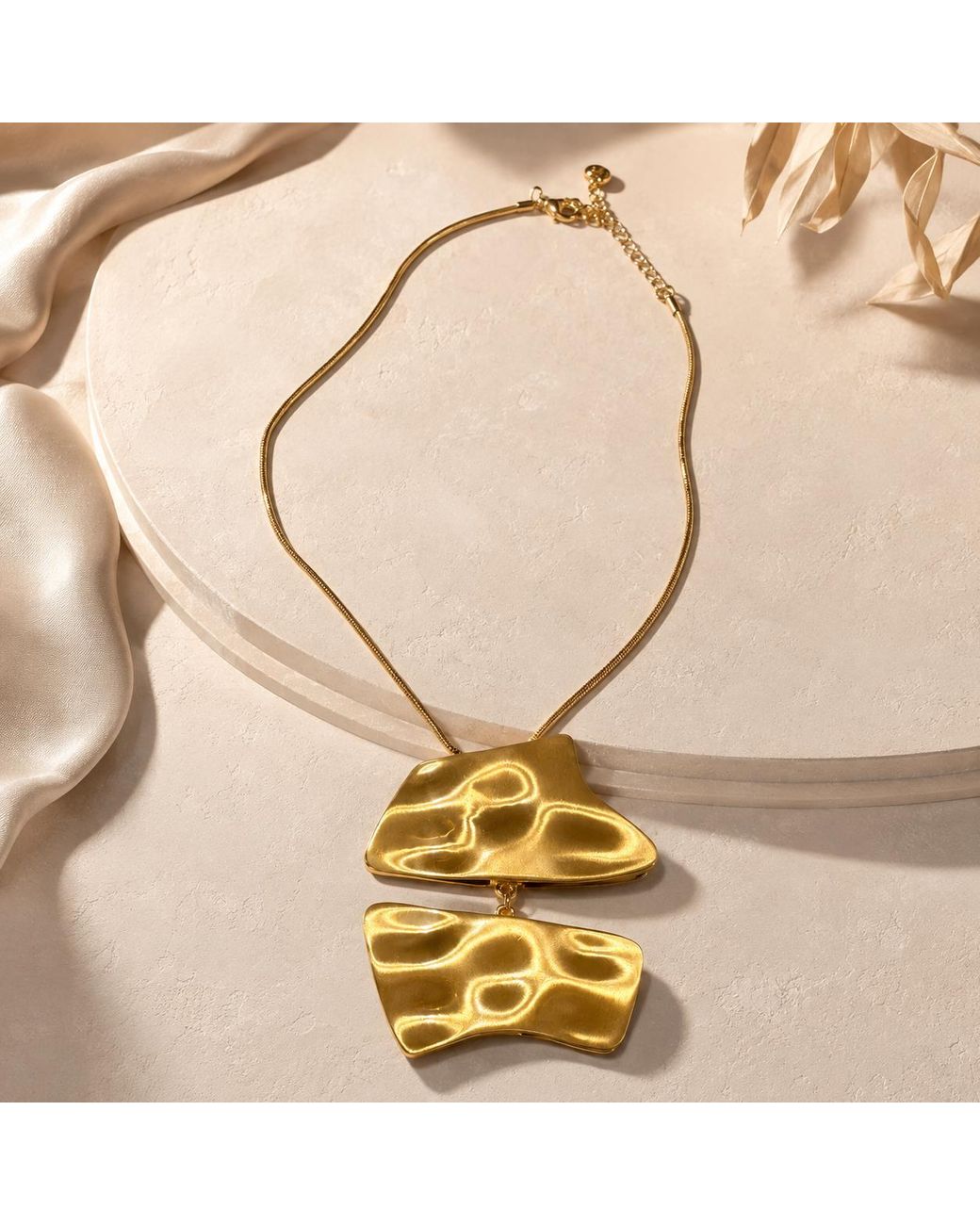 By Ozge Metallic Fluid Form Hammered Plated Sculptural Statement Necklace